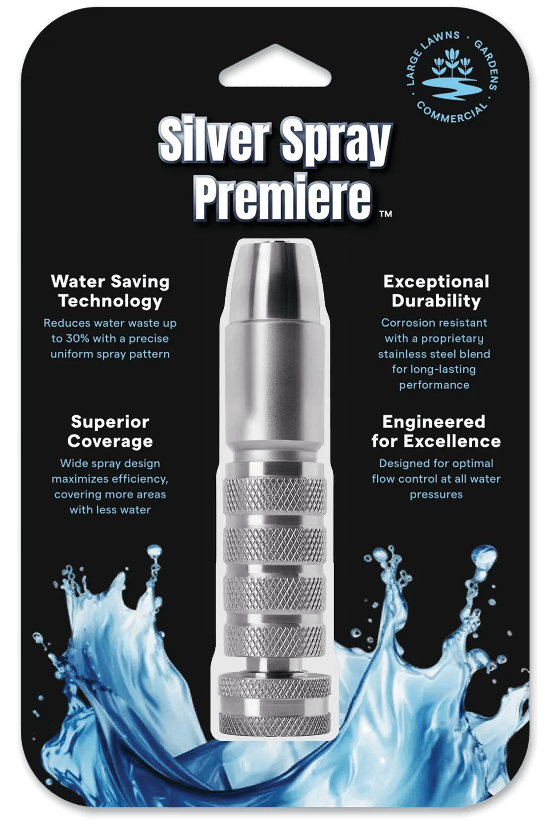 Stainless steel garden hose nozzle with water splash graphics, durable and efficient design.