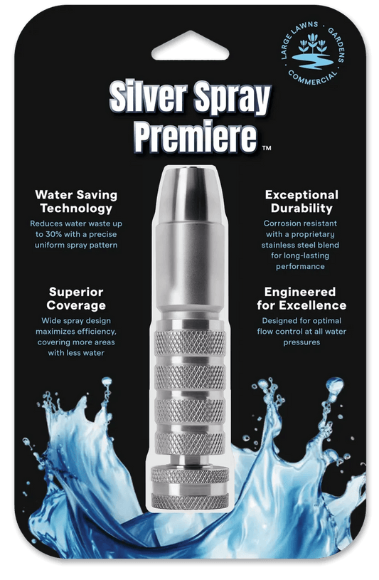 Stainless steel garden hose nozzle with water splash graphics, durable and efficient design.